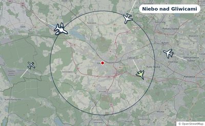 Mapa okolic miasta z sylwetkami samolotów — Niebo nad Gliwicami